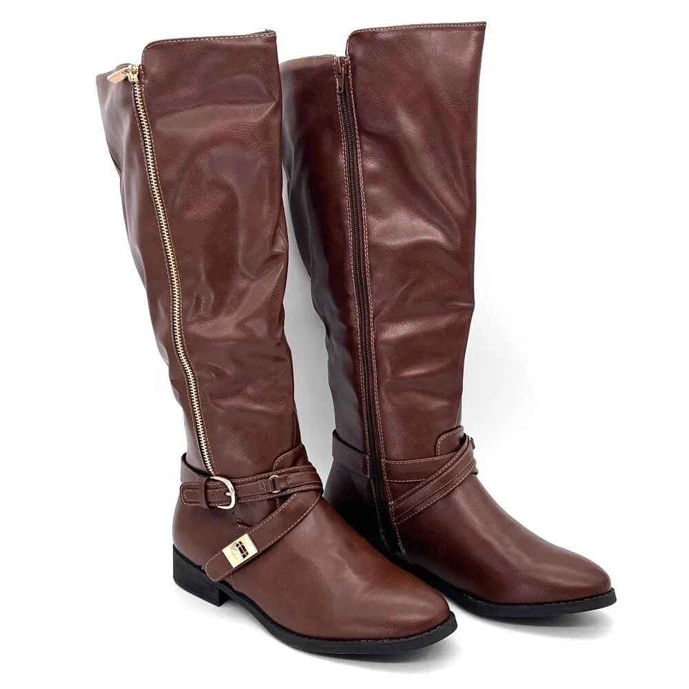 Justfab Leyla WC Tall Moto Boots Womens Size 8.5 Brown Faux Leather New With Box - Picture 1 of 14